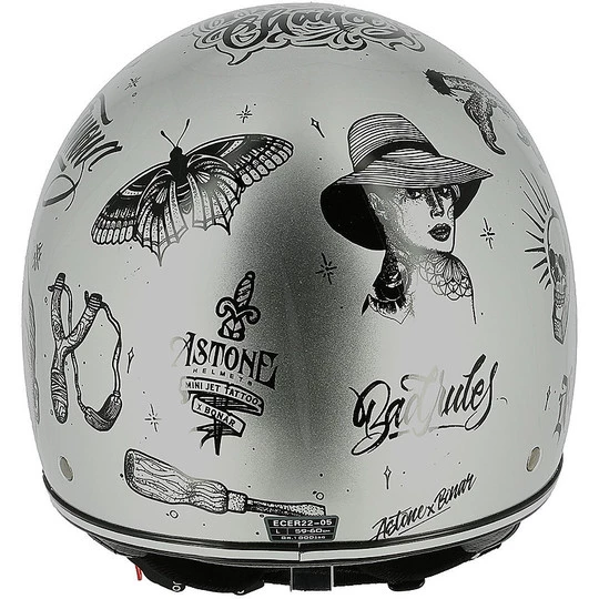 Casco Demi Jet Moto Custom Astone MINIJET 66 Flash Tattoo Argento 6 Casco Demi Jet Moto Custom Astone MINIJET 66 Flash Tattoo Argento - immagine 4